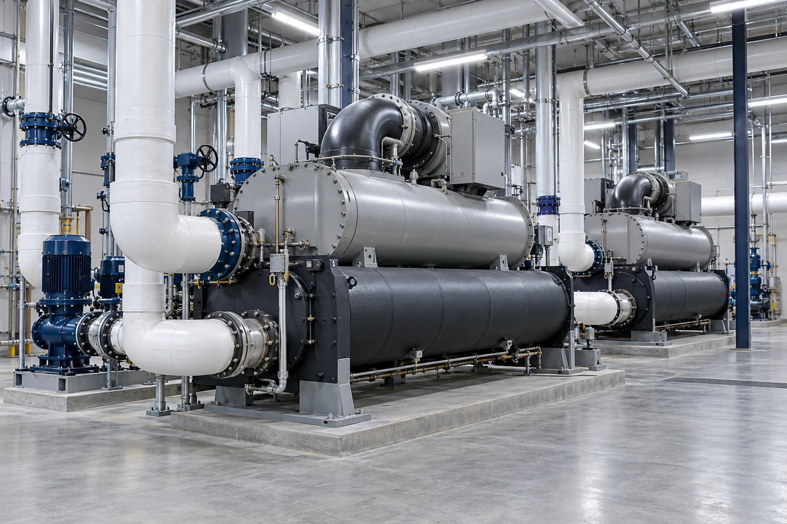 Illustrative commercial chilled-water plant with water-cooled chillers and insulated piping